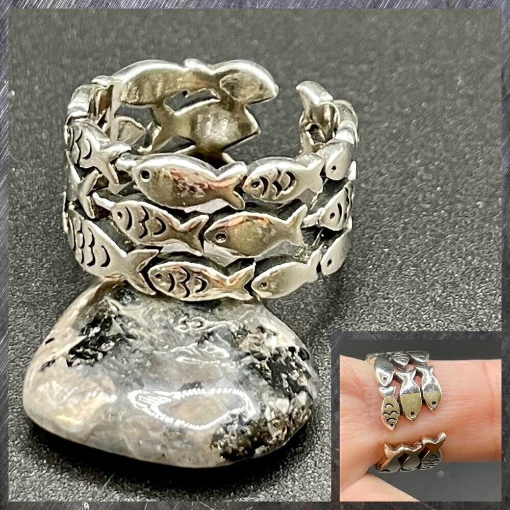 Sterling Silver 925 Adjustable Schooling Fish Ring #1186
